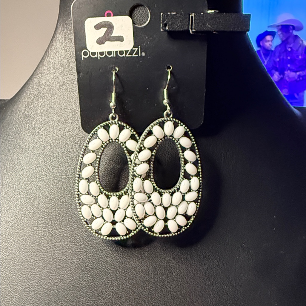 Paparazzi White Oval Teardrop Beaded Dangle Earrings